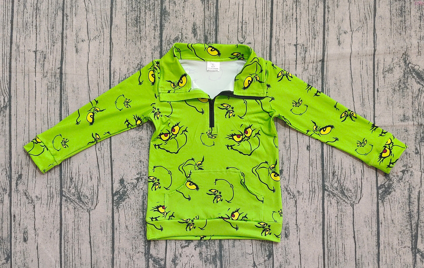 ( No moq ) Preorder Kids Toddler Long Sleeves Green Face Zipper Pocket Pullover Christmas Shirt