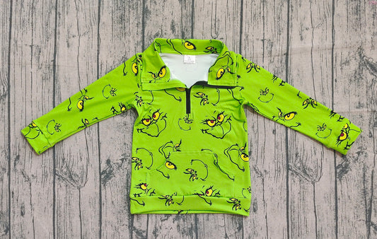 ( No moq ) Preorder Kids Toddler Long Sleeves Green Face Zipper Pocket Pullover Christmas Shirt