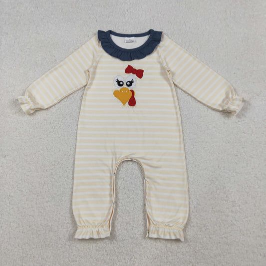 Baby Girl Long Sleeves Embroidery turkey Bow Stripes Ruffle Thanksgiving Fall Romper RTS
