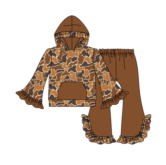 Moq 5 Baby Girls Brown Camo Pocket Hooded Top Ruffle Pants Set