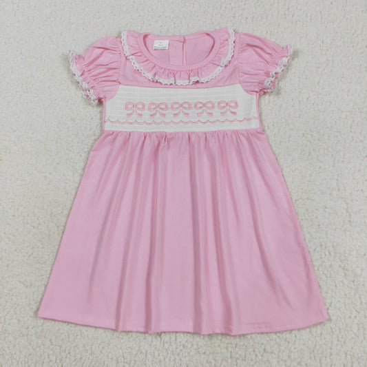 Baby Girl Short Sleeves Embroidery Bows Summer Pink Ruffle Smocked Knee Length Dress RTS