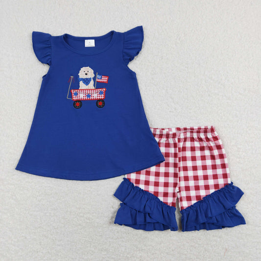 GSSO0460 July 4th Baby Girl Short Sleeves Embroidery Dog Shirt Plaid Ruffle Shorts Set