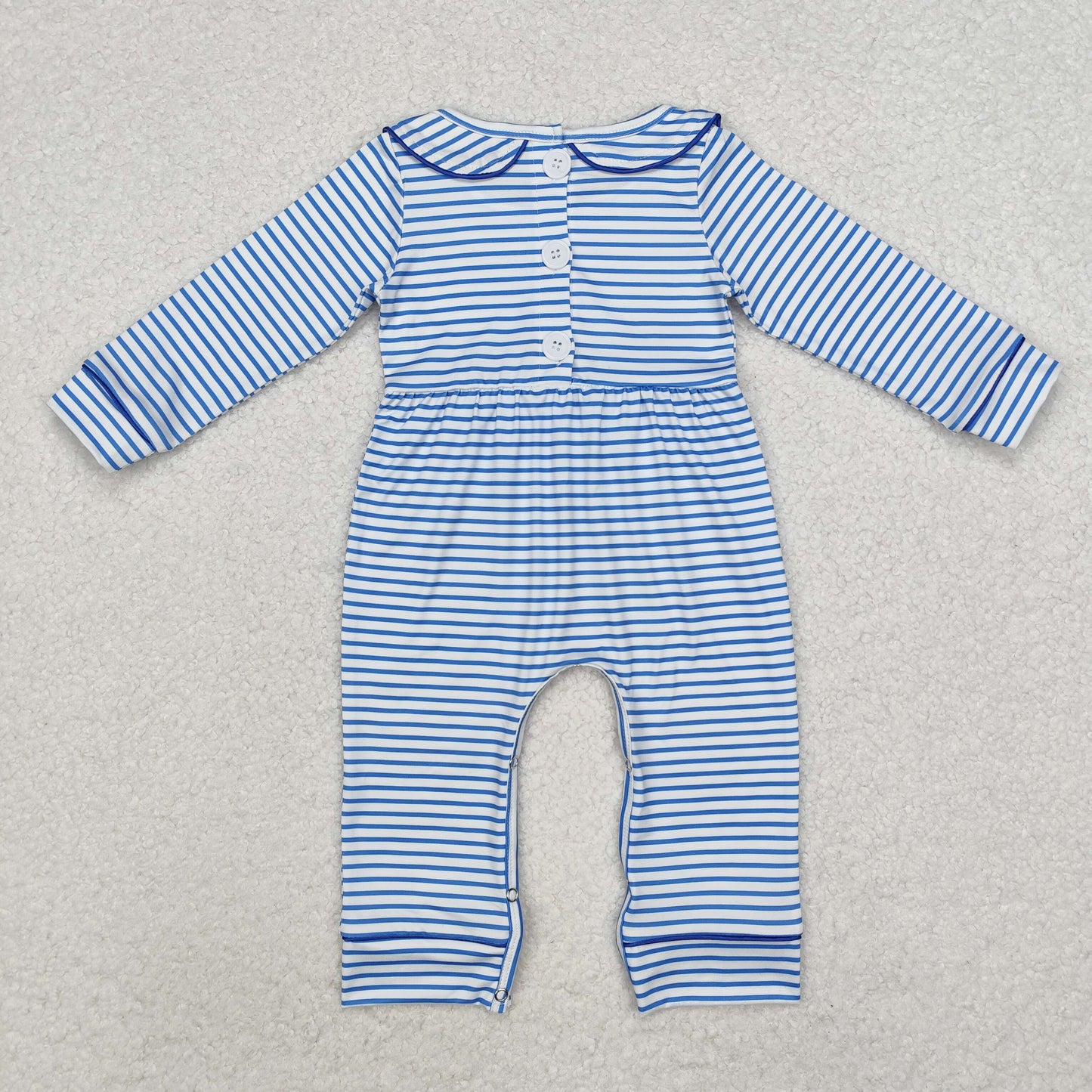 Baby Boy Long Sleeves Blue Stripes Embroidery Dog Romper