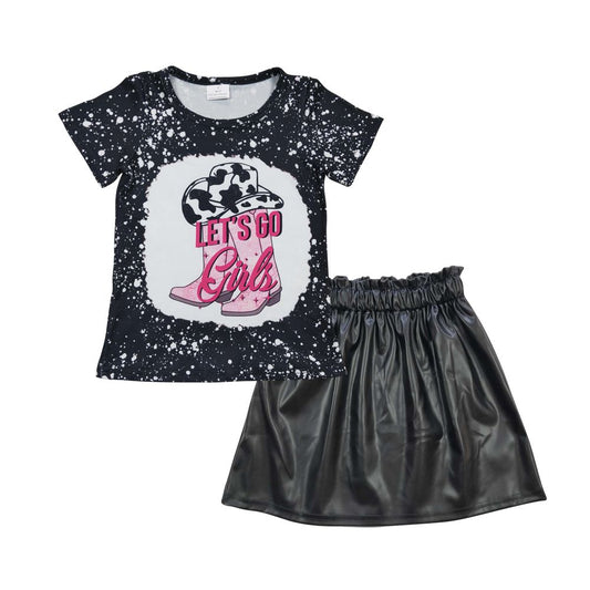 Western Baby Girl Short Sleeves Boots Shirt Black Pleather Skirt Summer Outfit