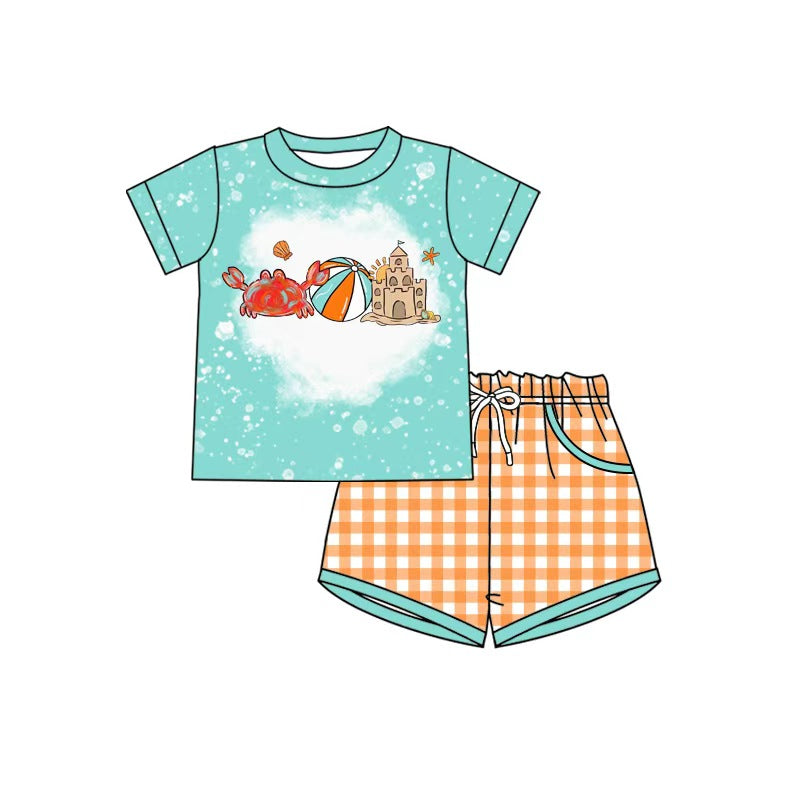( Moq 5 ) Preorder Baby Boys Kids Short Sleeves Crab Beach Shirt Plaid Pockets Shorts Set Clothes