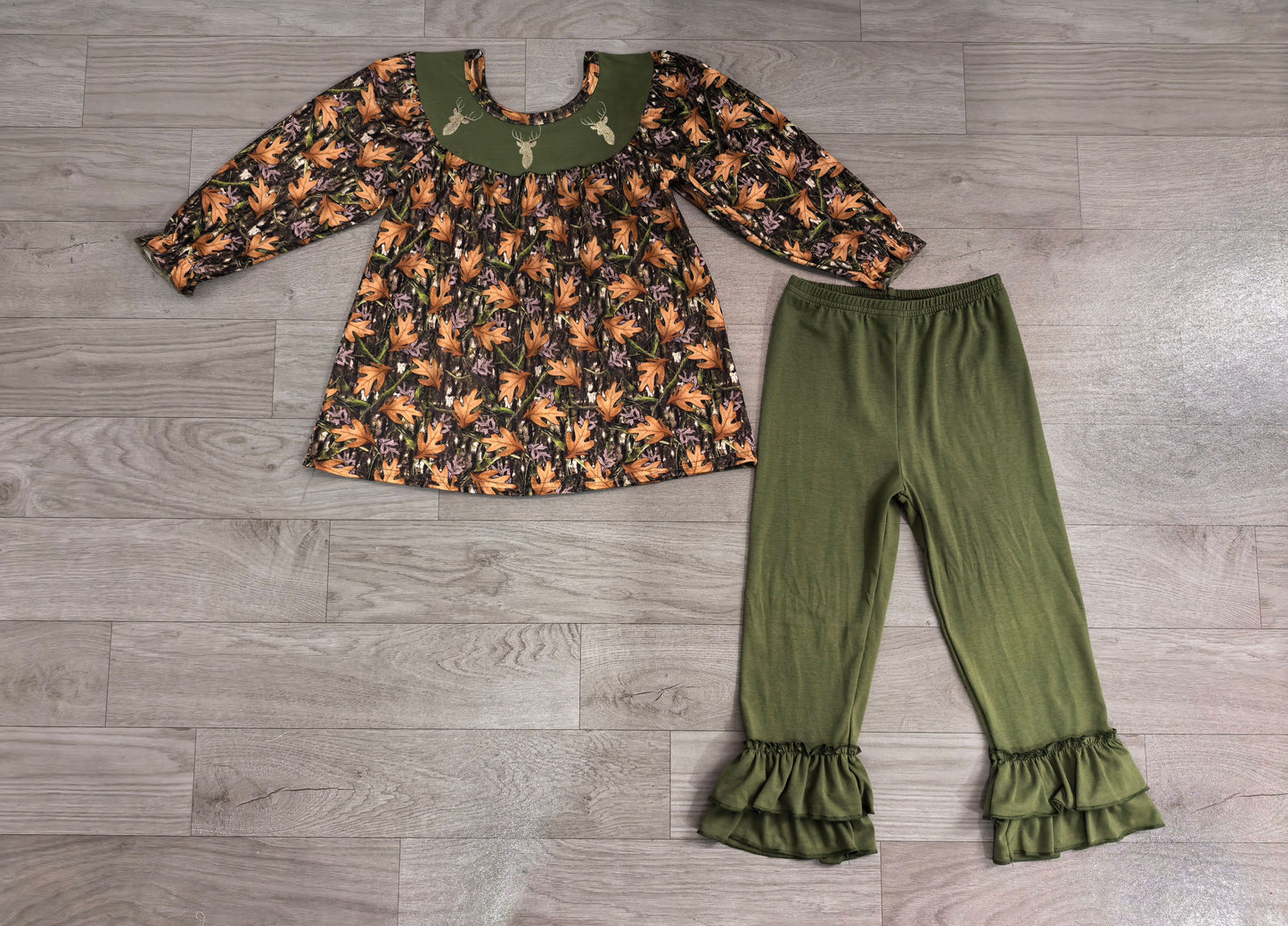 ( No moq ) Preorder Girls Kids Long Sleeves Embroidery Deer Camo Tunic Green Pants Set