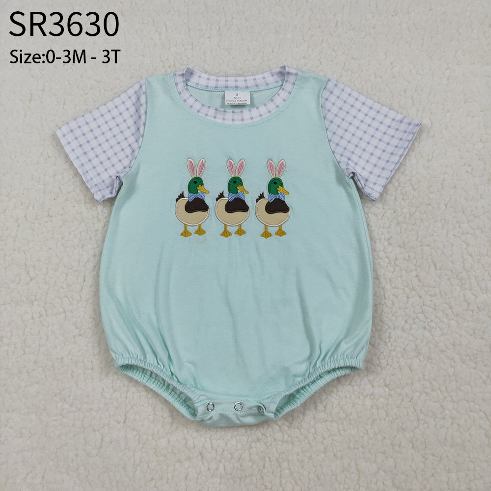 Baby Boys Infant Short Sleeve Embroidery Rabbits Ducks Easter Romper RTS