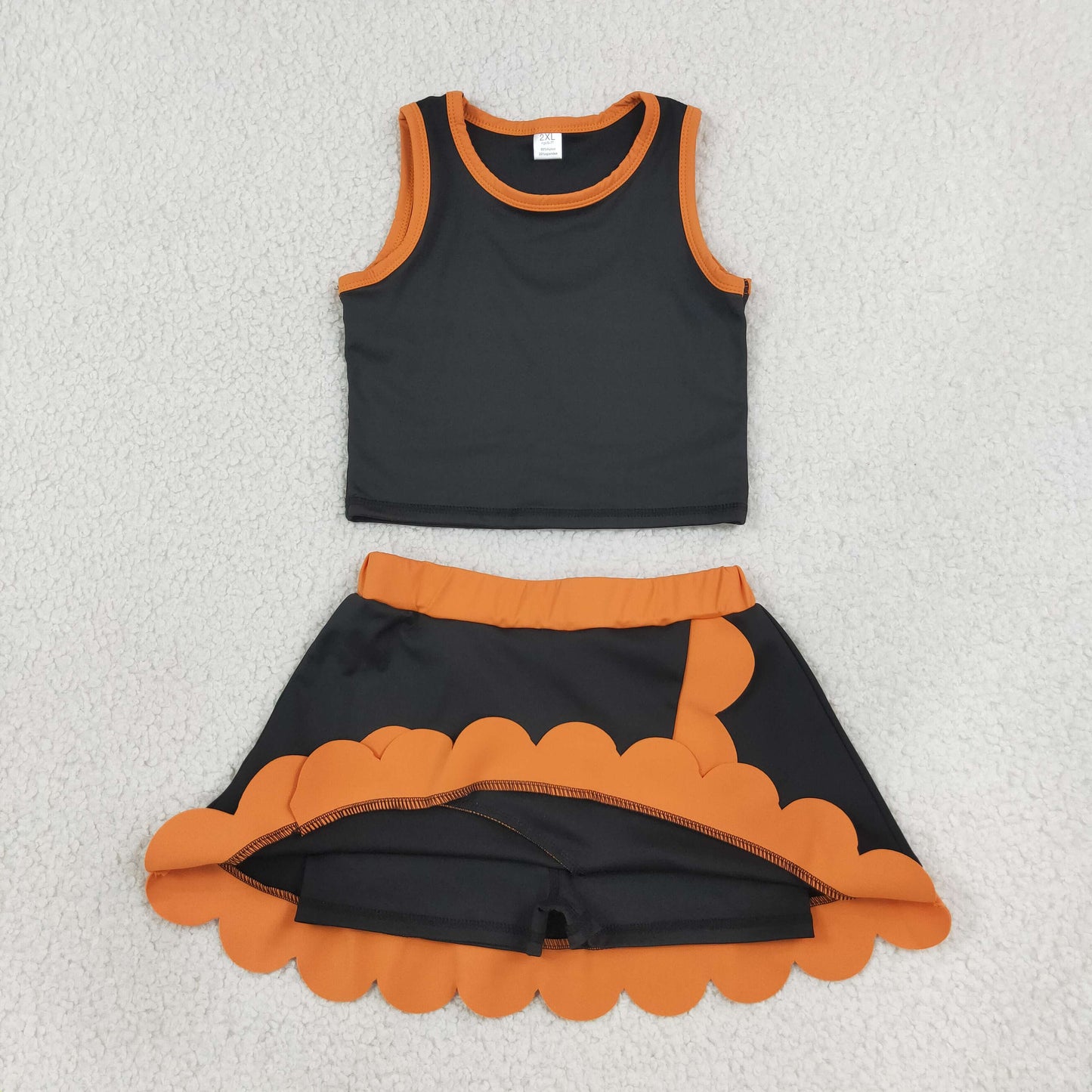Baby Girls Kids Black Shirt Orange Scallop Skirt Shorts Yoga Active Set Clothes RTS