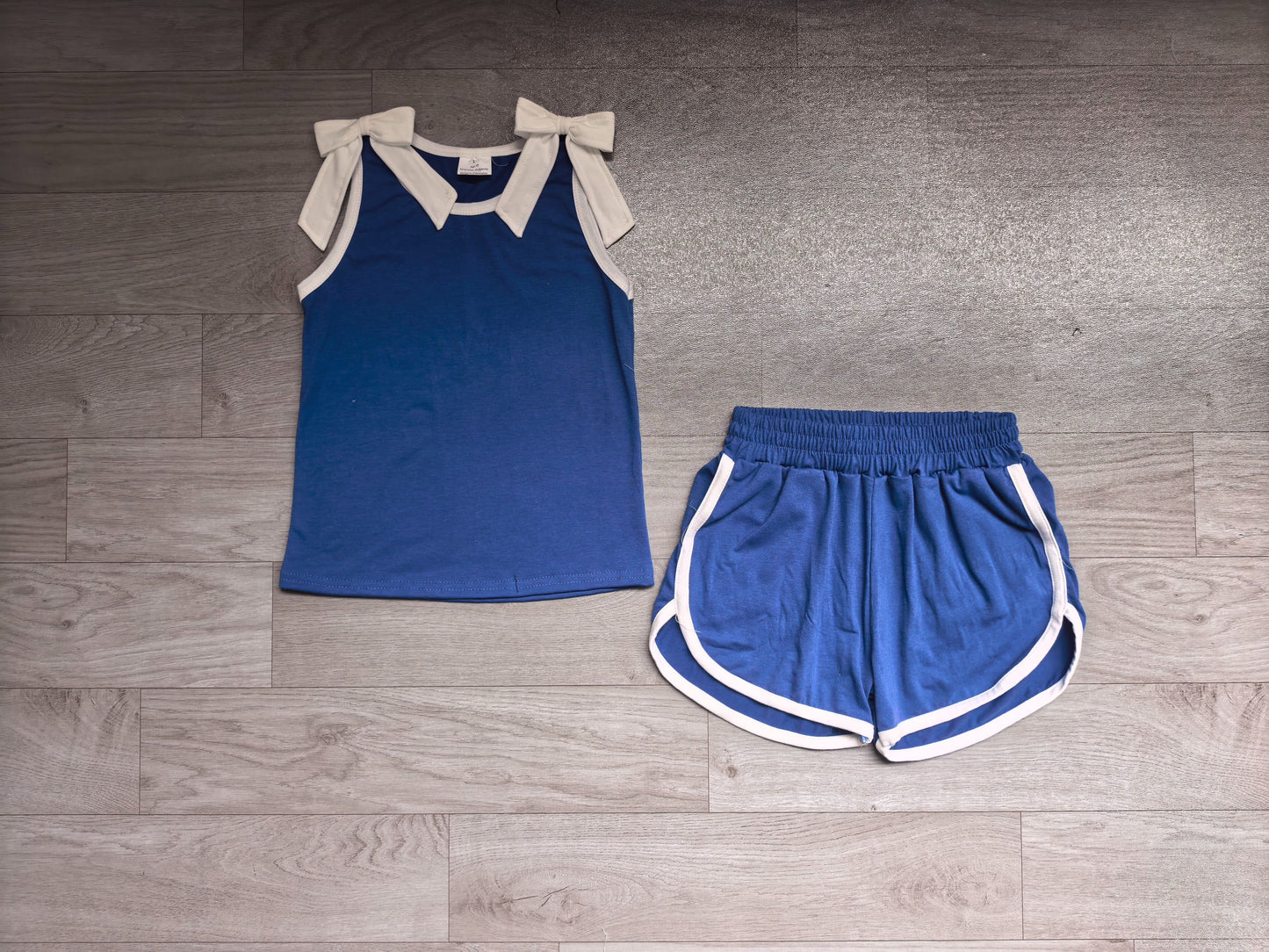 ( No moq ) Preorder Baby Girls Kids White Bows Shirt Shorts Blue Cotton Set Summer Clothes