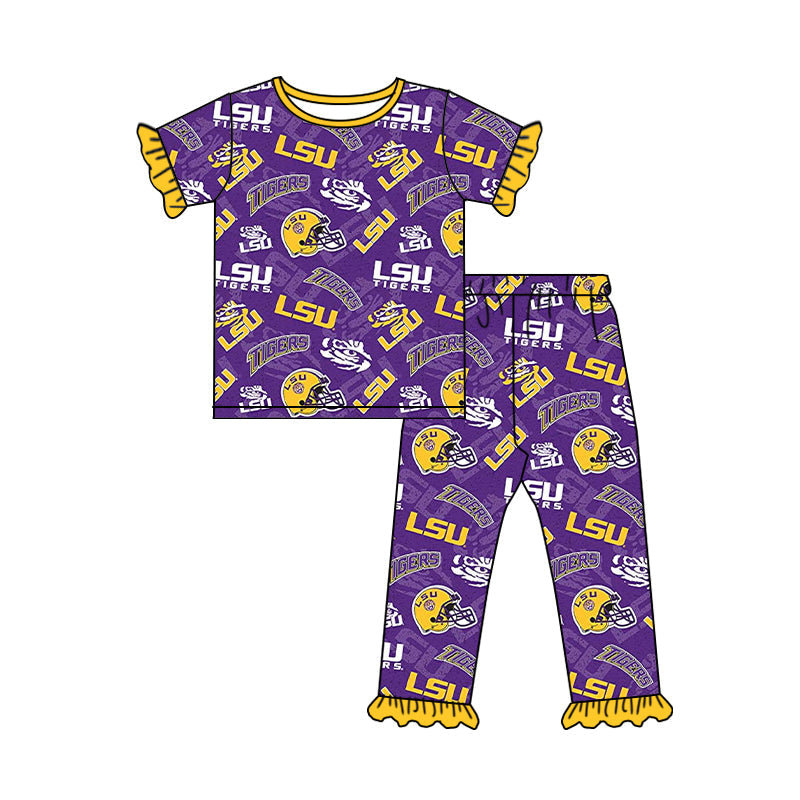Baby Girl Short Sleeves Tiger Team Purple Shirt Pants Pajamas Clothes Set ( Moq 5 )