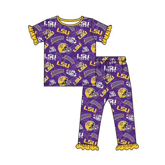 Baby Girl Short Sleeves Tiger Team Purple Shirt Pants Pajamas Clothes Set ( Moq 5 )