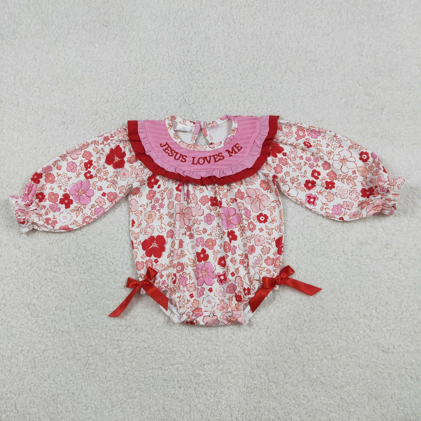 Baby Girls Infant Long Sleeves Embroidery Jesus Loves Me Flower Bows Smocked Romper