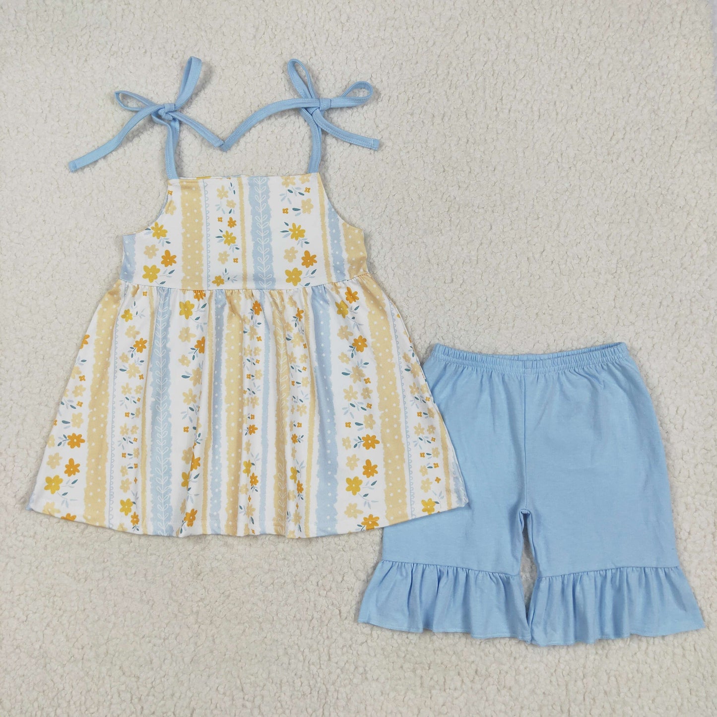 Baby Girl Strap Flower Tunic Tops Blue Ruffle Shorts Clothes Set RTS