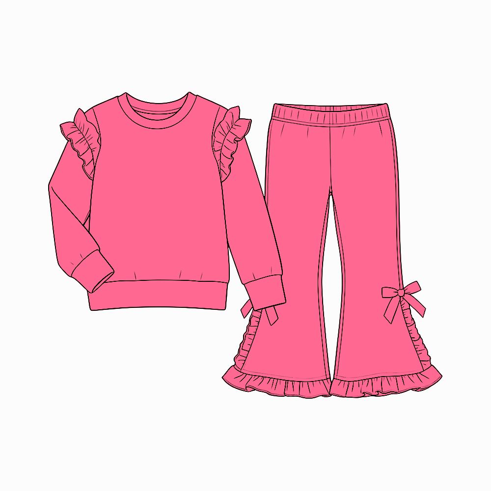 ( Moq 5 ) Preorder Baby Girls Kids Long Sleeves Hot Pink Shirt Bows Pants Set Cotton Clothes