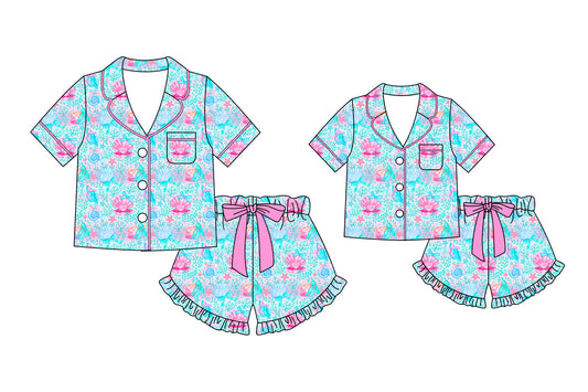 ( Moq 5 Each Style ) Baby Girl Adult Women Shell Bows Shirts Shorts Sibling Mommy And Me Family Sets