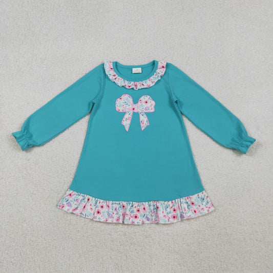 Baby Girl Long Sleeves Embroidery Floral Bow Ruffle Knee Length Dress RTS