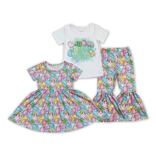 Baby Girl Short Sleeves St. Patrick's Rainbow Hearts Sibling Sister Dress Clothes Set