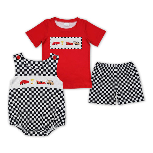 Baby Boy Cars Black Checked Sibling Brother Cartoon Romper Clothes Summer Set