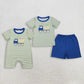 Sibling Baby Boys Kids Short Sleeves Embroidery Truck Stripes Shirt Blue Shorts Set Romper RTS