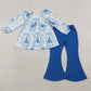 Baby Girls Kids Long Sleeves Castles Bows Stripes Tunic Blue Pants Clothes Set RTS