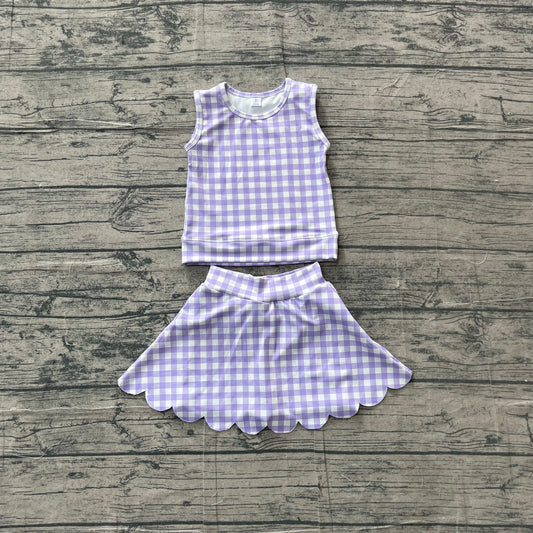 ( No moq ) Preorder Baby Girls Kids Purple Plaid Shirt Scallop Skirt Shorts Yoga Active Set Clothes