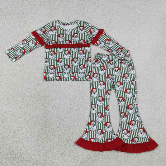 Baby Girls Kids Christmas Santa Stripes Ruffle Shirt Bell Pants Set Clothes RTS