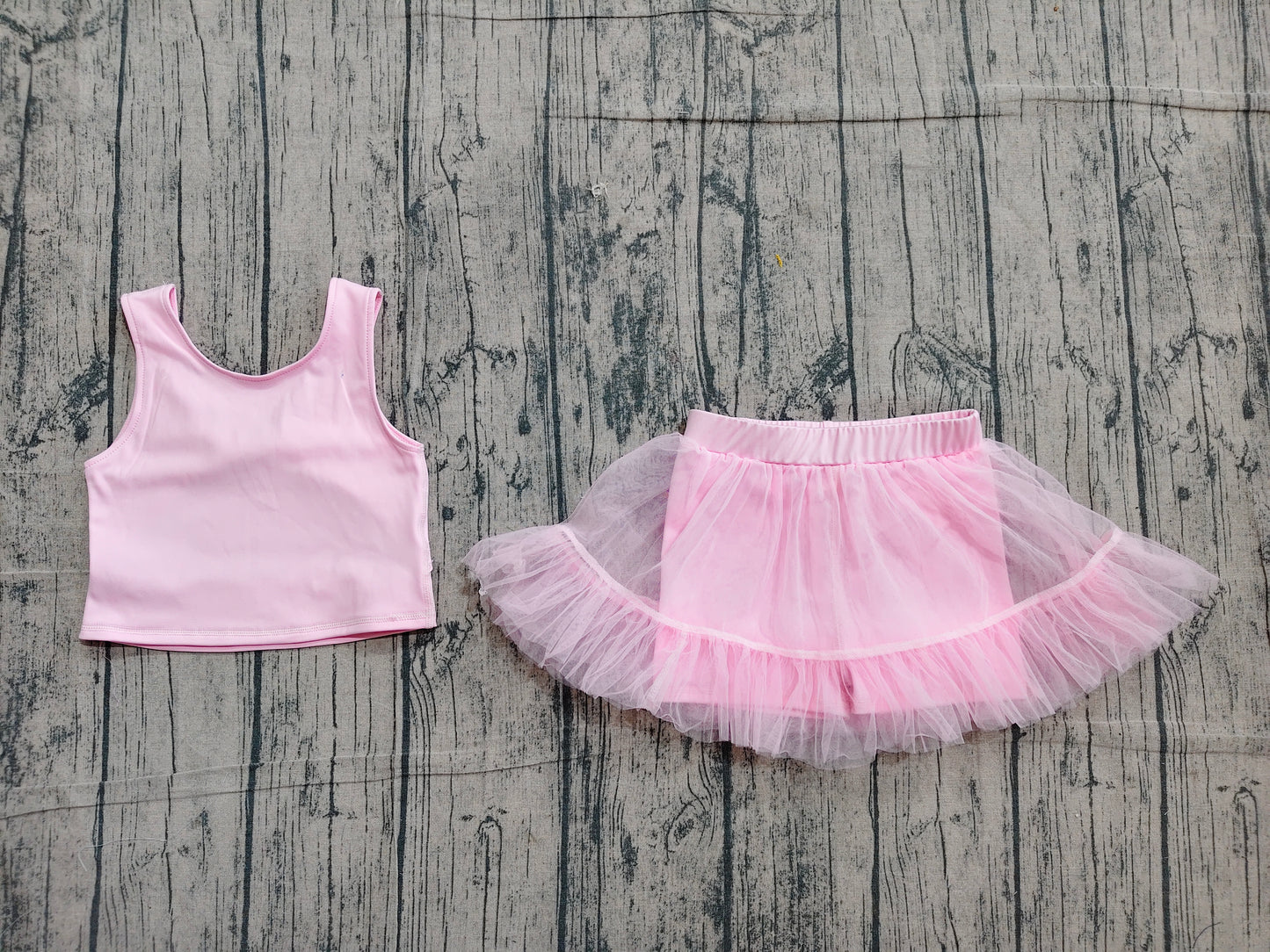 ( No moq ) Preorder Baby Girls Kids Pink Tops Tulle Skirt Shorts Set Yoga Active Summer Clothes