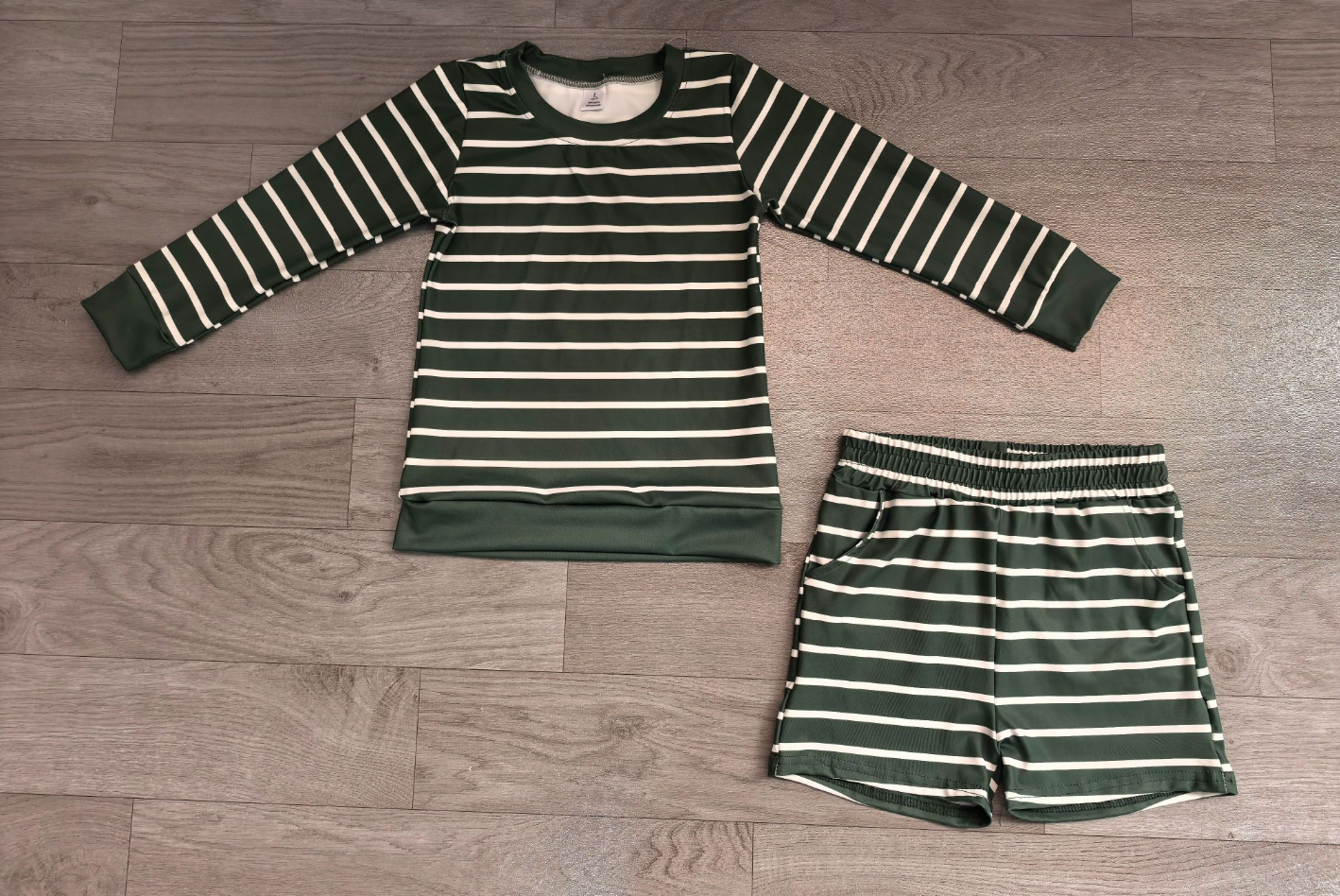 ( No moq ) Preorder Baby Girls Kids Long Sleeves Green Stripes Shirt Shorts Set Yoga Active Clothes