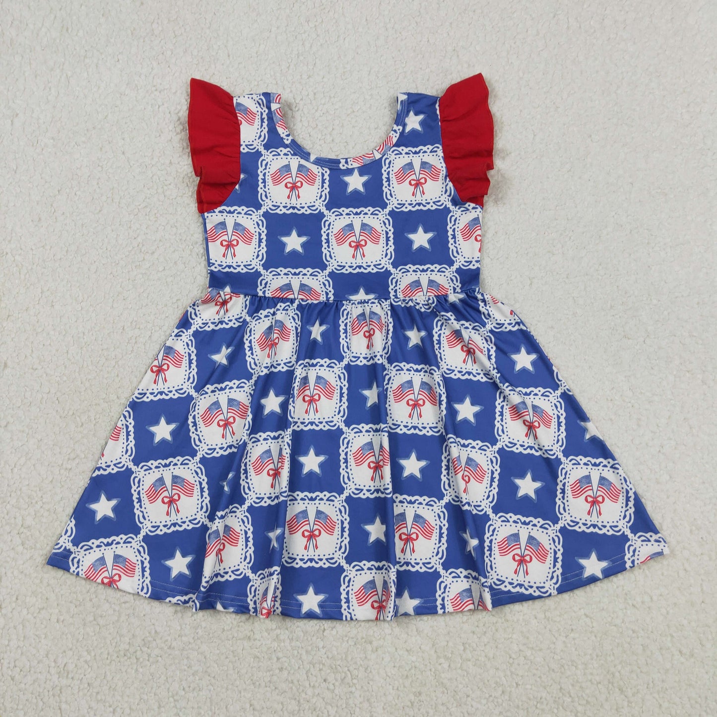 Baby Girls Short Sleeves Flags Bows Stars 4th of July Knee Length Dress RTS