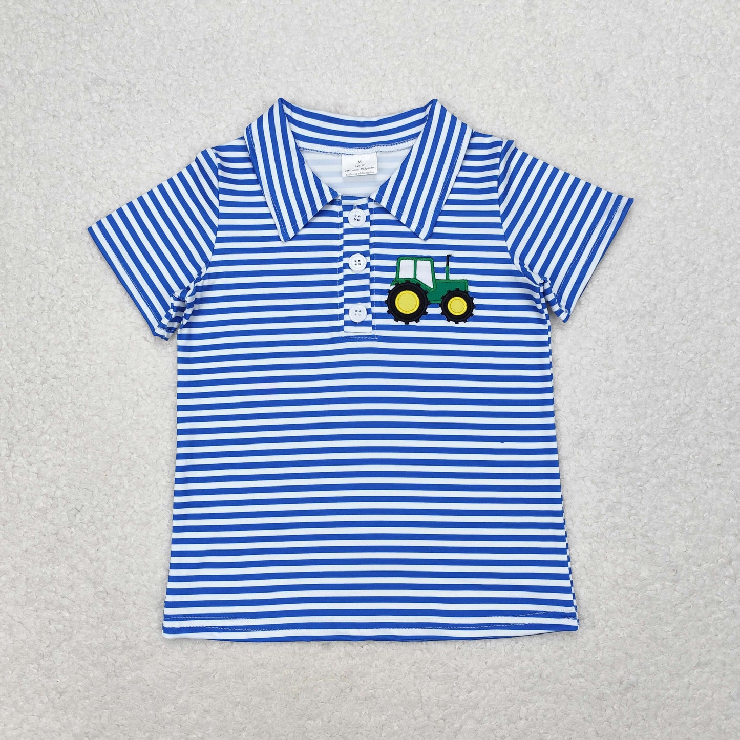 Baby Boy Blue Stripes Short Sleeves Embroidery Tractor Shirt Tops