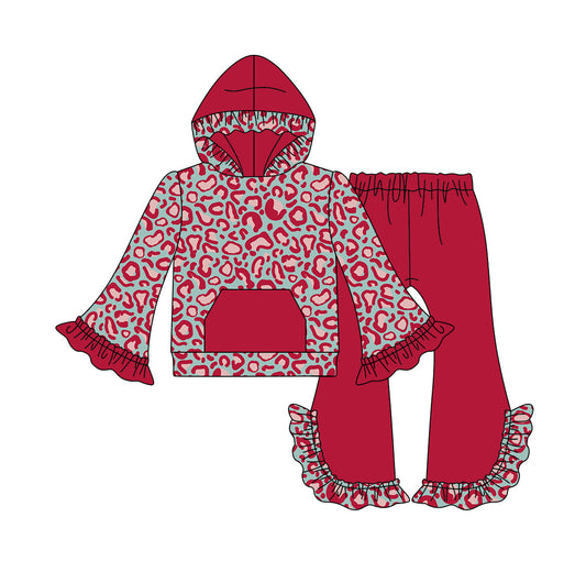 Moq 5 Baby Girls Red Leopard Hooded Top Ruffle Pants Set