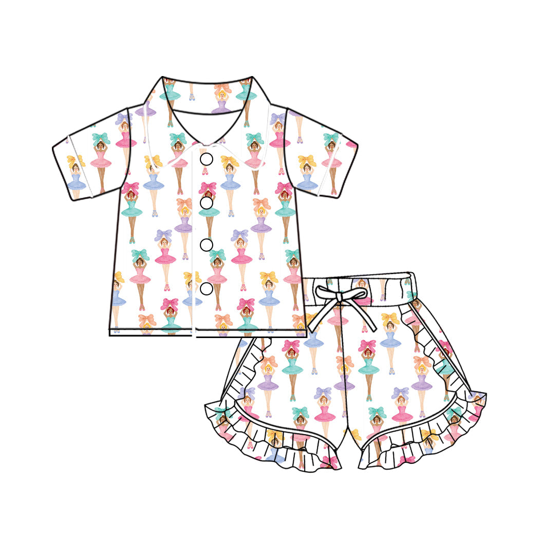 Baby Girl Short Sleeves Dance Buttons Shirt Ruffle Shorts Pajamas Set Moq 5