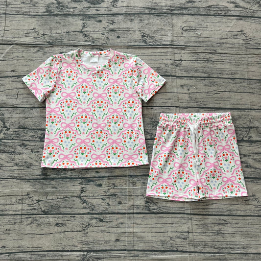 (  No moq ) Preorder Baby Girls Kids Short Sleeves Bows Floral Shirt Shorts Summer Set