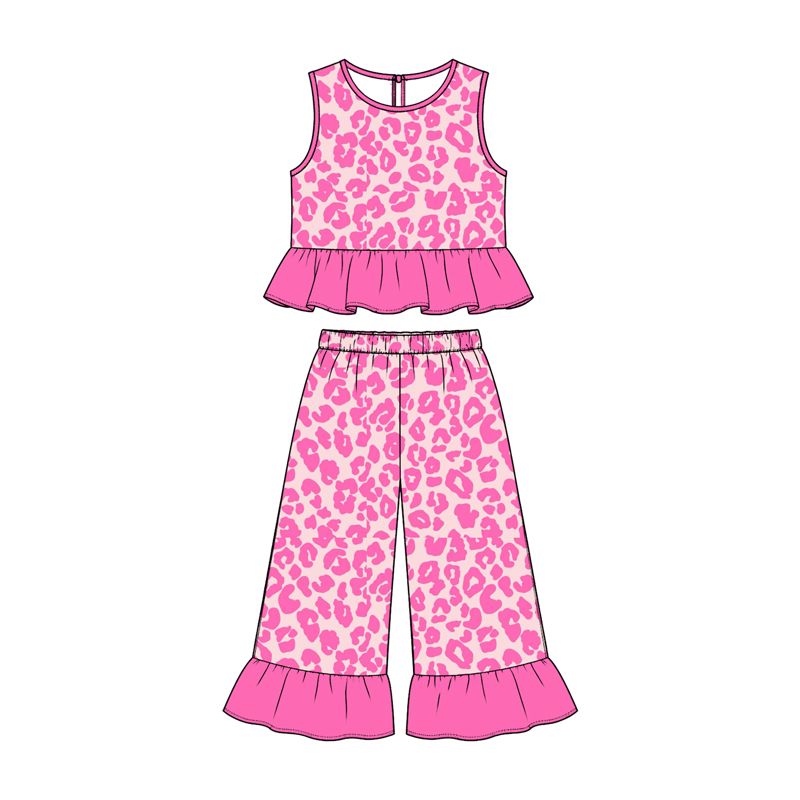 ( Moq 5 ) Preorder Baby Girls Kids Sleeveless Leopard Tops Pink Ruffle Pants Set Clothes