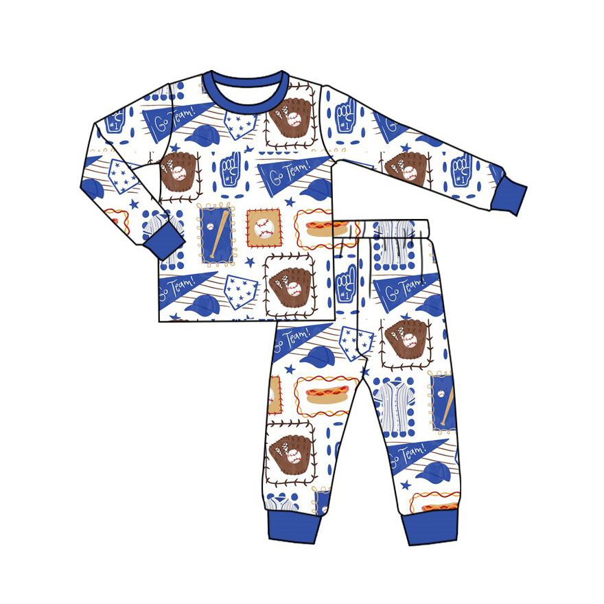 ( Moq 5 ) Preorder Baby Boys Kids Long Sleeves Baseball Shirt Pants Blue Set Pajamas Clothes