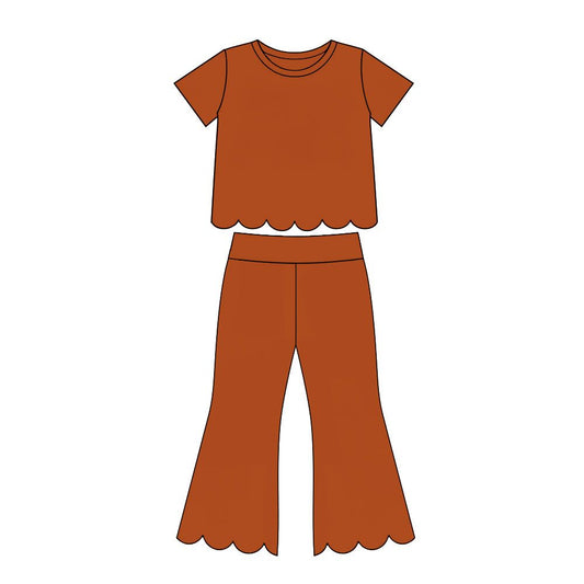 ( Moq 5 ) Preorder Baby Girls Kids Short Sleeves Orange Shirt Pants Scallop Set Clothes