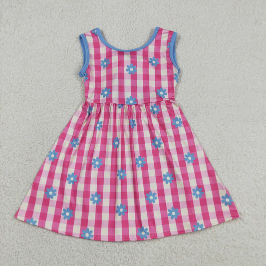 Baby Girls Kids Bows Sleeveless Pink Plaid Flower Knee Length Dress RTS