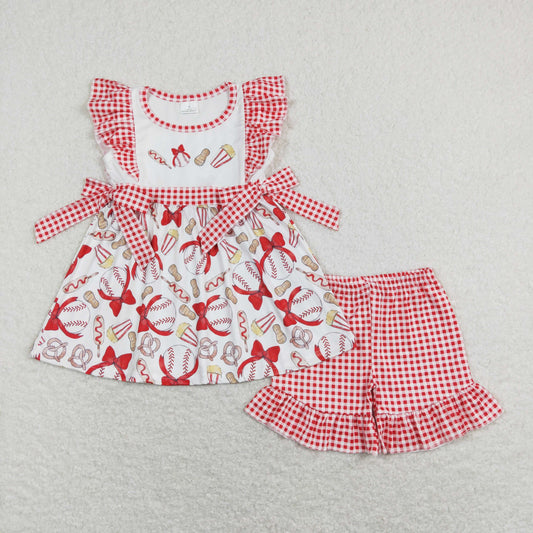 GSSO0516 Baby Girl Short Sleeves Baseball Tunic Red Plaid Shorts Set