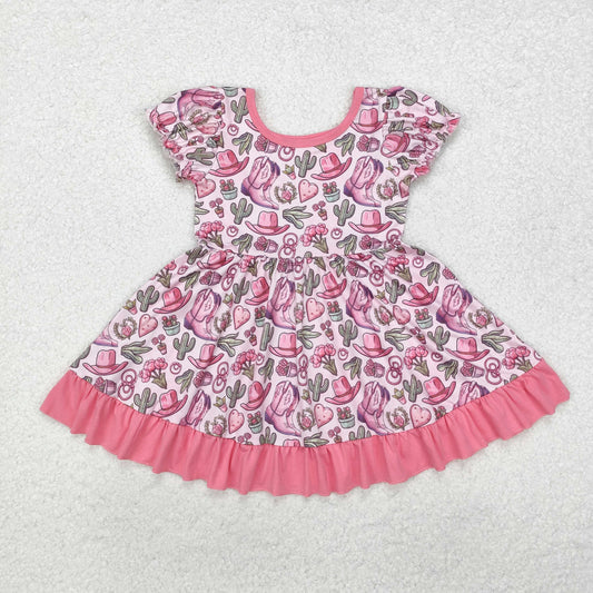 Baby Girl Short Sleeves Western Boots Cactus Hearts Flower Pink Knee Length Dress