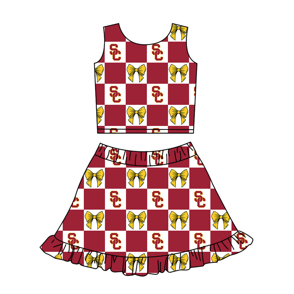 ( Moq 5 ) Baby Girls Kids Sleeveless SC Bows Checked Tops Shorts Ruffle Skirt Team Set