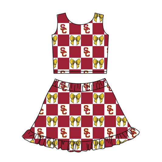 ( Moq 5 ) Baby Girls Kids Sleeveless SC Bows Checked Tops Shorts Ruffle Skirt Team Set