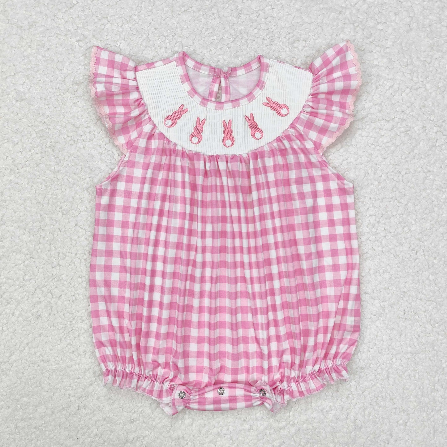 Baby Girl Infant Embroidery Easter Rabbit Pink Plaid Smocked Bubble Romper