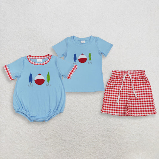 Sibling Baby Boys Kids Short Sleeves Embroidery Fishing Shirt Shorts Easter Set Romper Blue Clothes RTS