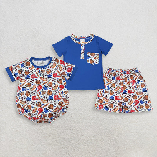 Sibling Baby Boys Kids Blue Shorts Sleeves Baseball Shirt Shorts Romper Set 4th of July Clothes RTS