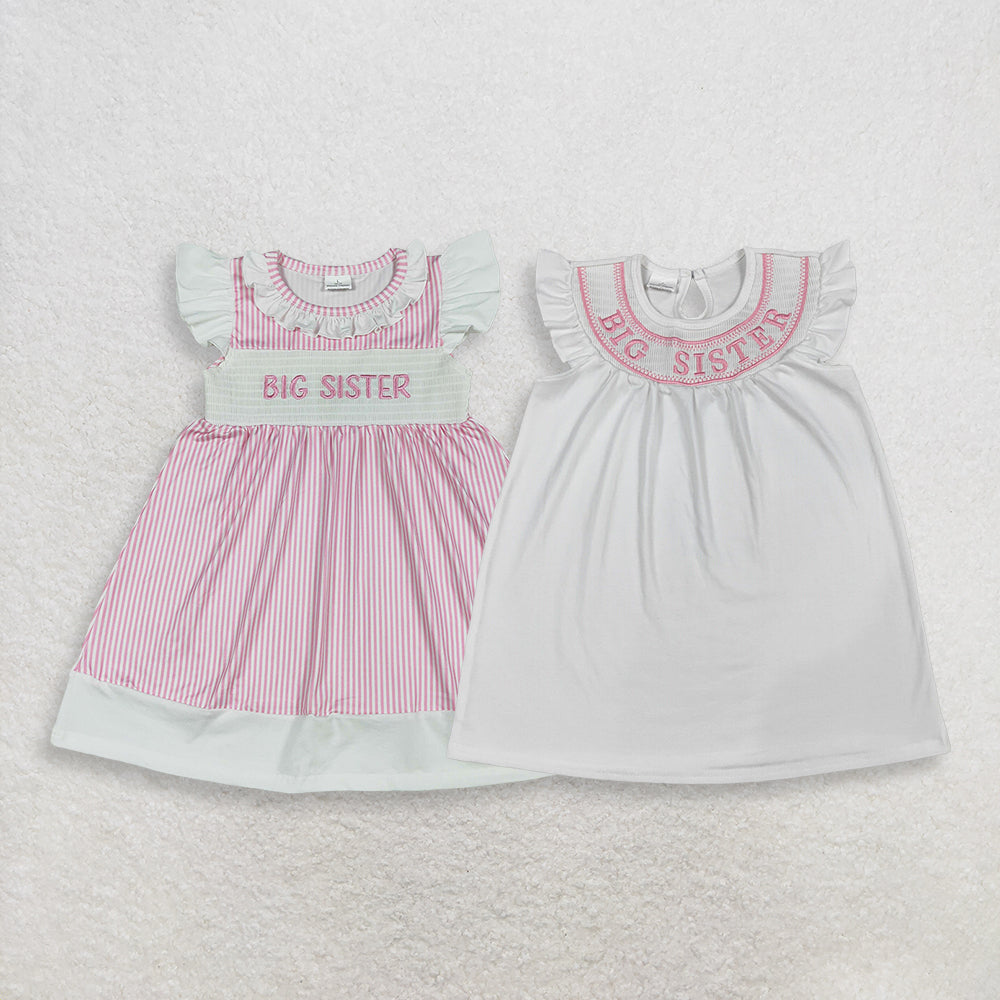 Sibling Baby Girls Short Sleeves Embroidery Smocked Big Sister Knee Length Dresses RTS