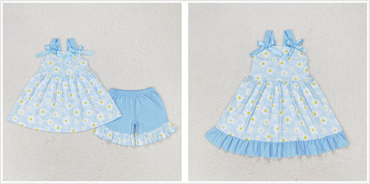 Baby Girl Blue Sleeveless Flower Summer Set Dress Sibling Clothes