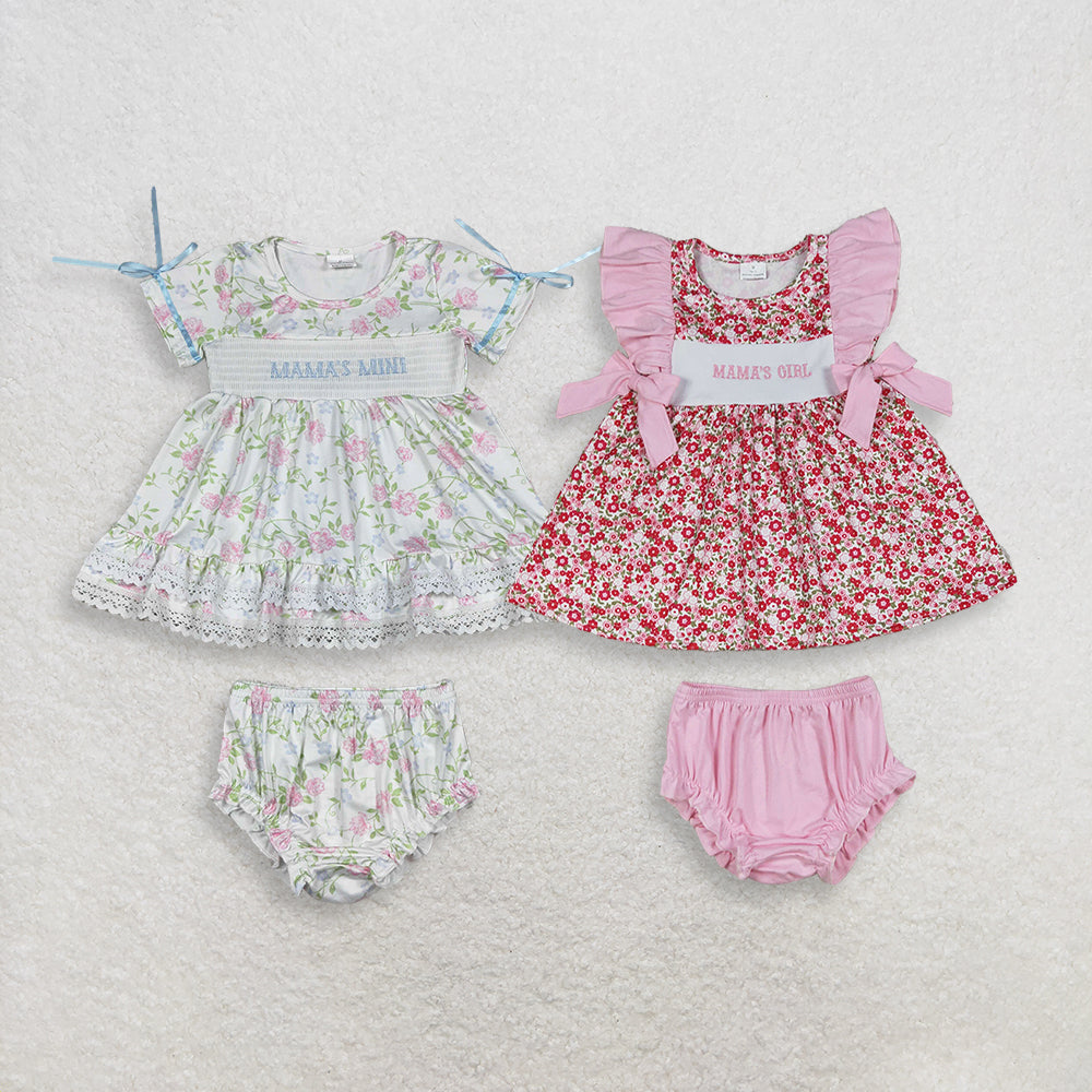 Sibling Baby Girls Kids Short Sleeves Embroidery Mama's Flower Tops Bummies Shorts Sets RTS