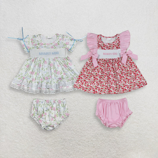 Sibling Baby Girls Kids Short Sleeves Embroidery Mama's Flower Tops Bummies Shorts Sets RTS