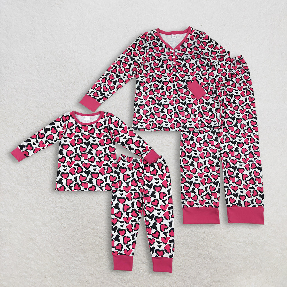 Sibling Baby Girls Adult Women Hearts Leopard Shirts Pants Valentines Pajamas Mommy and Me Sets RTS