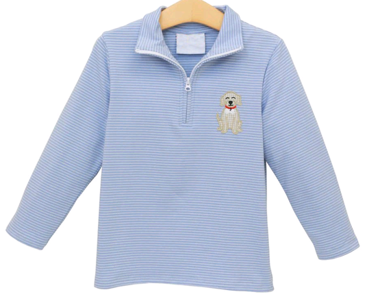 ( Moq 5 ) Preorder Baby Boy Long Sleeves Dog Blue Stripes Zipper Pullover Shirt
